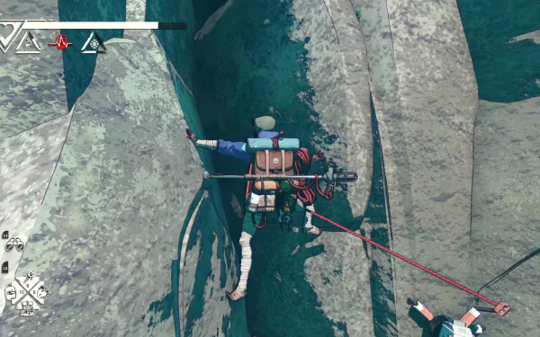 HD desktop wallpaper and background image of a climber in the video game Cairn, showcasing a character scaling a rocky surface with climbing gear.