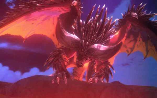 A fierce dragon-like creature from Monster Hunter Stories 2: Wings of Ruin, set against a dramatic sky, showcased in HD as a stunning desktop wallpaper and background.