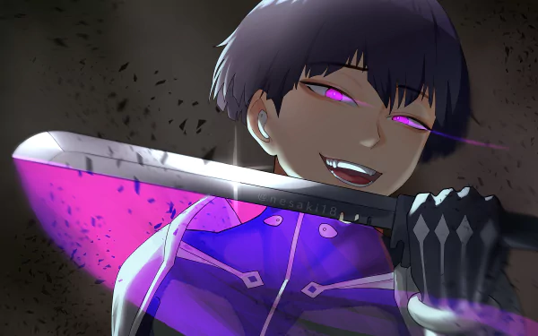 HD anime wallpaper featuring Soushirou Hoshina from Kaiju No. 8, with glowing purple eyes and a large sword, set against a dark, dynamic background.