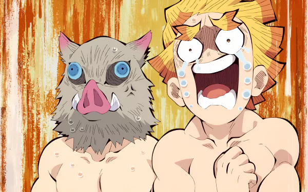 Anime-style 4K Ultra HD wallpaper featuring Inosuke Hashibira with his boar mask and a tearful, expressive Zenitsu Agatsuma from Demon Slayer: Kimetsu no Yaiba.