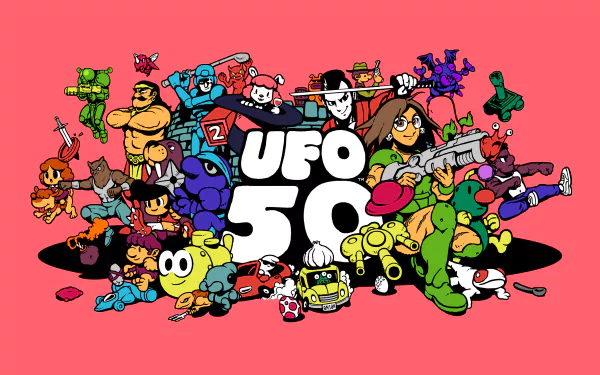 HD desktop wallpaper and background featuring vibrant characters surrounding the UFO 50 logo against a red backdrop, tagged with video game.