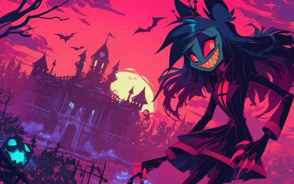 HD desktop wallpaper featuring a character from the TV show Hazbin Hotel with a sinister grin, standing in front of a gothic mansion under a red sky and full moon.