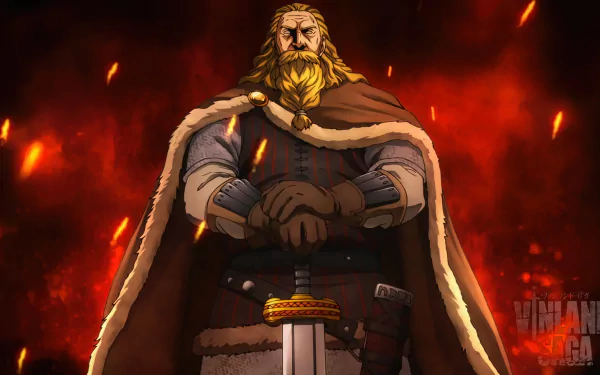 A bold and detailed Vinland Saga HD anime desktop wallpaper featuring a determined Viking warrior standing before a fiery backdrop.