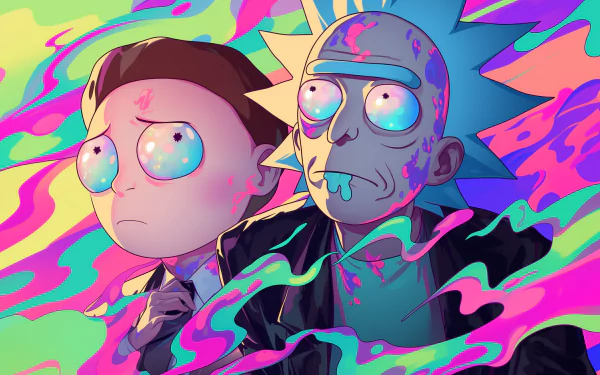 HD desktop wallpaper and background featuring Rick Sanchez and Morty Smith from the TV show Rick and Morty, with vibrant, colorful psychedelic effects surrounding them.