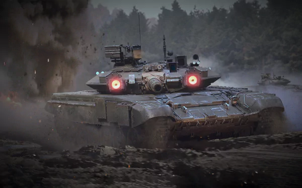 4K Ultra HD War Thunder wallpaper featuring a T90 tank advancing through a smoky, forested battlefield at dusk.