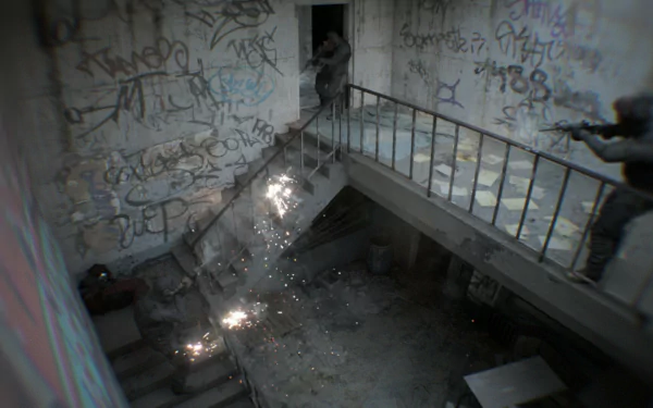 HD desktop wallpaper featuring a bodycam-style image from a video game, showcasing a gritty, graffiti-covered stairwell with armed characters in an intense scene.