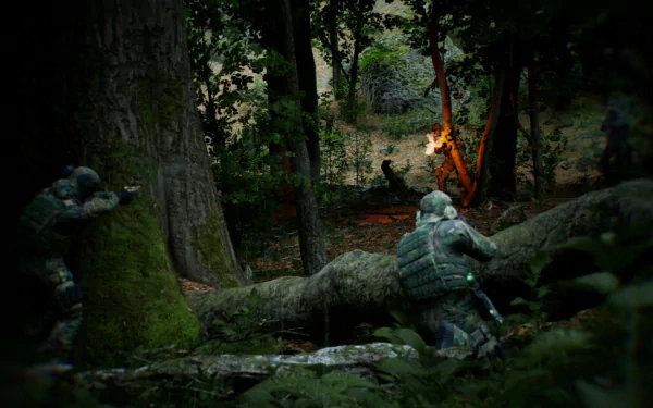 HD desktop wallpaper of a bodycam view in a video game, depicting soldiers in a dense forest setting with a burning torch in the background.
