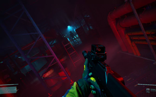 A high-definition desktop wallpaper of the video game Level Zero: Extraction featuring a first-person perspective aiming at an industrial setting with vibrant blue and red lighting.