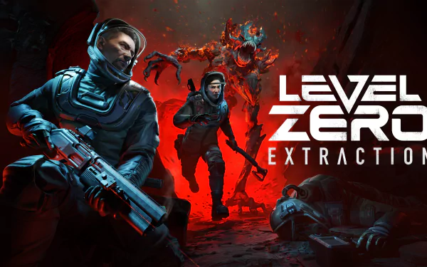 High-definition desktop wallpaper of the video game Level Zero: Extraction, featuring heavily armed soldiers in a tense standoff with a menacing alien creature, all set against a dramatic background.