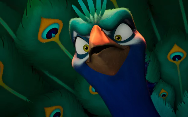 HD desktop wallpaper featuring a colorful, animated bird character from the movie A Stork's Journey 2, set against a backdrop of vibrant green feathers.