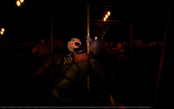 HD desktop wallpaper featuring a dark, eerie scene from Five Nights at Freddy's: Help Wanted 2 with creepy animatronics illuminated by dim lights.
