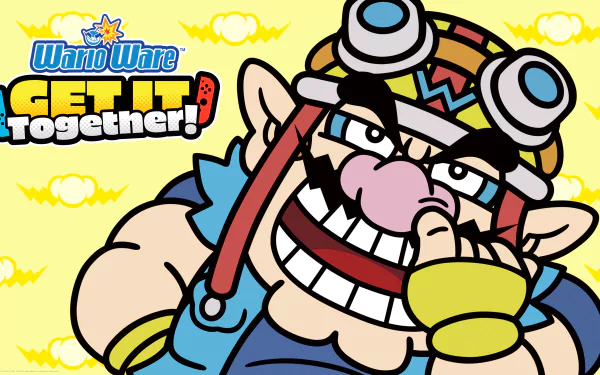 4K Ultra HD PC desktop wallpaper featuring Wario from WarioWare: Get It Together! with a bold yellow background and the game logo.