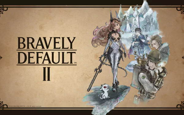 Bravely Default II 4K Ultra HD PC desktop wallpaper featuring key characters in a fantasy setting with detailed artwork and a vintage parchment background.