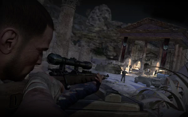 HD desktop wallpaper featuring a scene from Sniper Elite III. The image shows a sniper aiming at targets in a night-time ancient ruins setting, conveying tension and focus from the game.