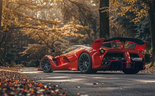 HD PC desktop wallpaper featuring a red Ferrari FXX-K Evo parked on a forest road with autumn foliage surrounding it.