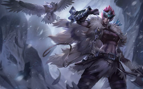 A high-definition wallpaper of Quinn from the video game League of Legends, showcasing her in an action pose with her bird companion. The background features a snowy, mountainous terrain.