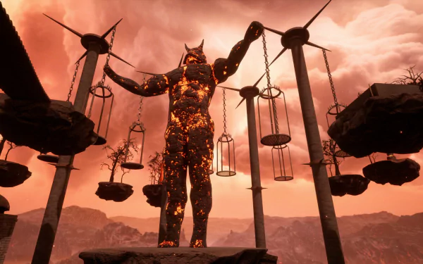 HD desktop wallpaper featuring a fiery, chained titan-like figure set against an ominous, red-hued sky with floating platforms and barren trees, from the video game Chained Together.