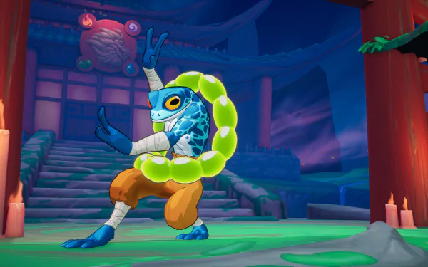 HD desktop wallpaper featuring a character from the video game Rivals 2 in a dynamic stance, set in a colorful, mystical environment with temple steps and lanterns.