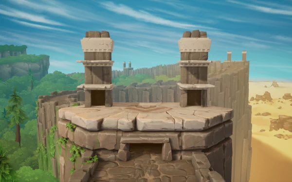 HD desktop wallpaper and background featuring a Rivals 2 video game scene with ancient stone structures, lush greenery, and clear blue skies.