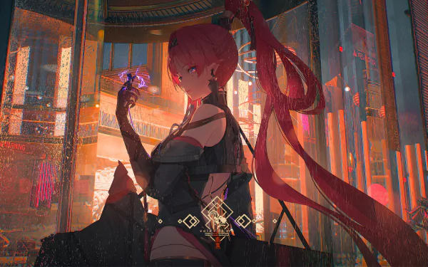 HD PC desktop wallpaper featuring Yinlin from the video game Wuthering Waves, showcasing her striking red hair and magical aura in a futuristic setting.