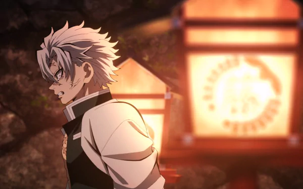 HD anime wallpaper featuring Sanemi Shinazugawa from Demon Slayer: Kimetsu no Yaiba with a glowing lantern-lit background.