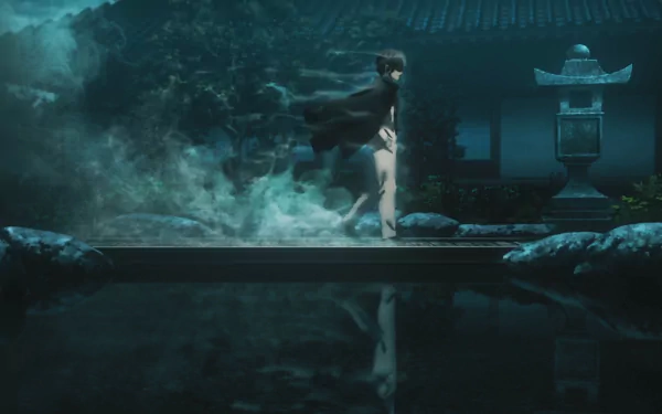 HD PC desktop wallpaper featuring Muzan Kibutsuji from the anime Demon Slayer: Kimetsu no Yaiba in a dark, atmospheric night scene by water.