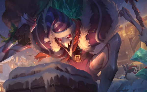 HD desktop wallpaper featuring Fiddlesticks from League of Legends in a winter-themed setting, wearing a festive hat amidst a snowy landscape.