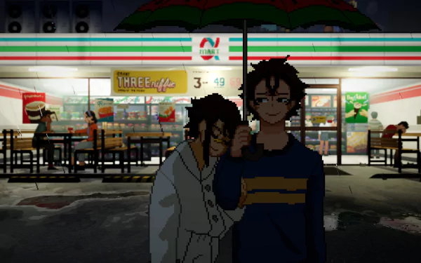 HD desktop wallpaper featuring characters from the video game Until Then, standing under an umbrella in front of a convenience store at night.