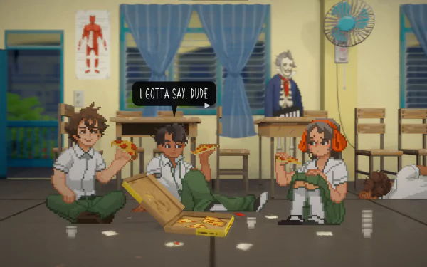 Three pixelated characters enjoying pizza on a classroom floor from the video game Until Then, set as an HD desktop wallpaper and background.