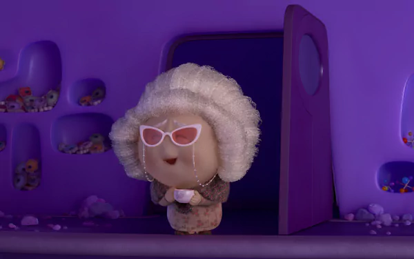 HD desktop wallpaper from the movie Inside Out 2 featuring a character standing in a purple environment, wearing pink sunglasses and holding a cup.
