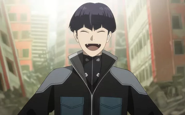 HD desktop wallpaper featuring Soushirou Hoshina from the anime Kaiju No. 8, smiling amidst a backdrop of collapsed buildings.