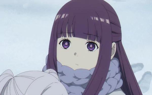 This HD desktop wallpaper features Fern from the anime Frieren: Beyond Journey's End with a serene expression, surrounded by a snowy backdrop.