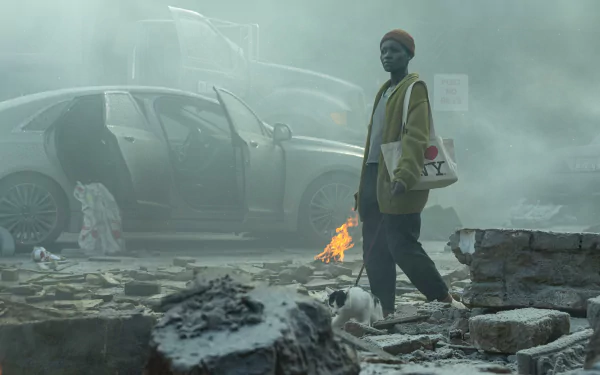 HD wallpaper from A Quiet Place: Day One featuring Lupita Nyong'o amidst eerie urban destruction, with a smoky background and abandoned vehicles, creating a tense cinematic atmosphere.