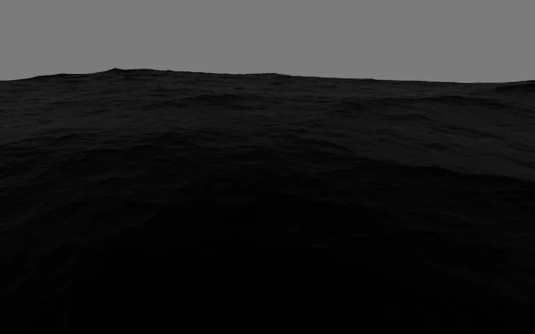 Black 5K Ultra HD PC desktop wallpaper depicting a low-light textured expanse—deep shadowed waves or terrain—beneath a flat muted gray sky.