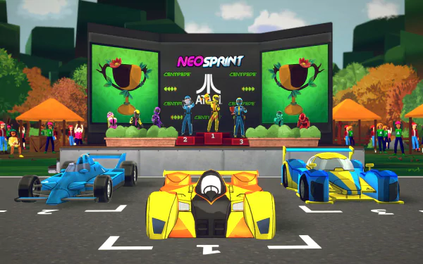 HD desktop wallpaper featuring a video game scene from NeoSprint. Three race cars line up in front of a podium with winners and a lively crowd in the background.