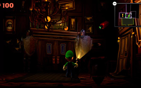 HD desktop wallpaper of Luigi's Mansion 2 video game, featuring Luigi exploring a dimly lit, eerie mansion room with a flashlight.
