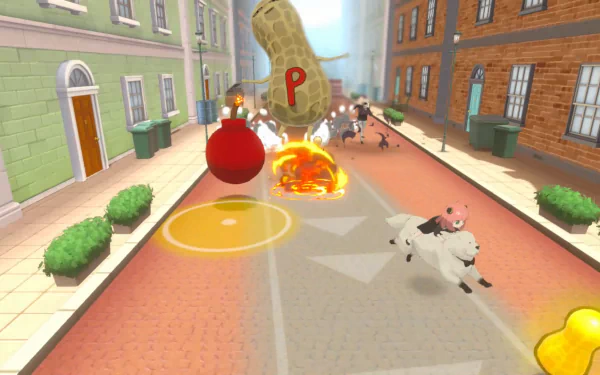 High-definition wallpaper of the video game SPY×ANYA: Operation Memories, featuring a vibrant street scene with dynamic elements, including a character riding a white sheep, a giant peanut, and an explosion.