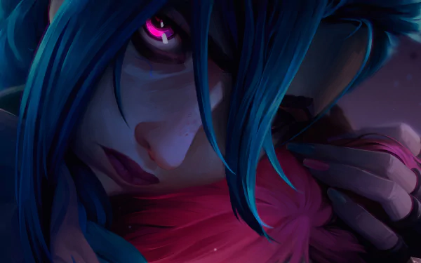 HD desktop wallpaper of Jinx from the TV show Arcane Season 2, showcasing her intense gaze and vibrant blue hair.
