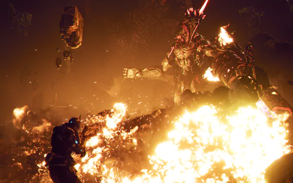 HD desktop wallpaper and background depicting an intense scene from the video game The First Descendant, featuring a fiery battleground with a colossal mech in combat.