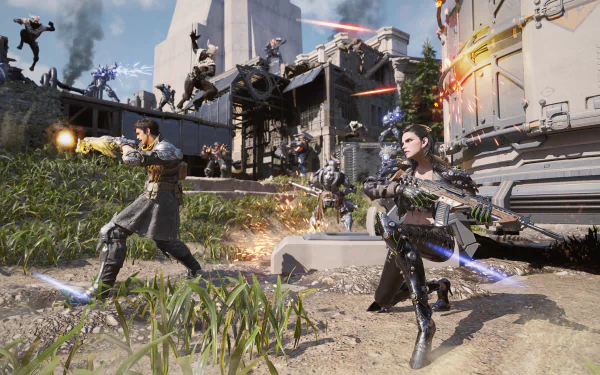 High-definition desktop wallpaper and background featuring an action-packed scene from the video game The First Descendant, showcasing characters in intense, futuristic combat.