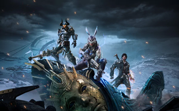 A dramatic HD wallpaper for the video game The First Descendant, featuring three armored characters standing on a giant fallen statue against a dark, stormy backdrop.
