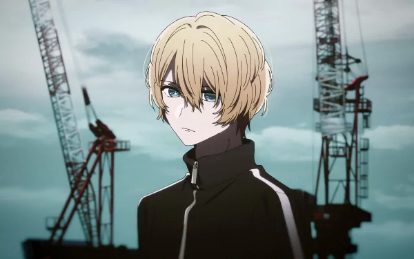 HD anime wallpaper featuring Aquamarine Hoshino from Oshi no Ko standing in front of industrial cranes, with a cloudy sky in the background.