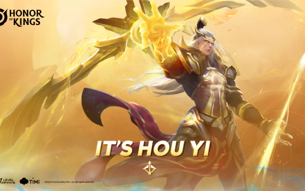 HD desktop wallpaper featuring Hou Yi from the video game Honor of Kings, displaying the character in a heroic pose with a glowing golden background. The text reads, IT'S HOU YI prominently.