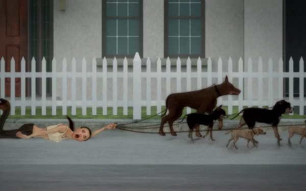 HD desktop wallpaper from the TV show Psi Cops featuring a scene of a person being dragged by a group of dogs in front of a white picket fence.