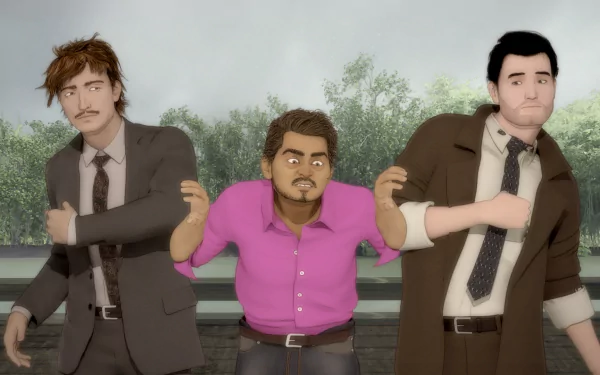 HD desktop wallpaper and background from the TV show Psi Cops, featuring three animated characters, with a lush, green forest in the background.