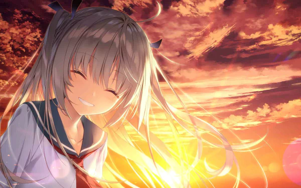 HD wallpaper of ATRI -My Dear Moments- video game featuring a smiling girl with long hair against a sunset sky background.