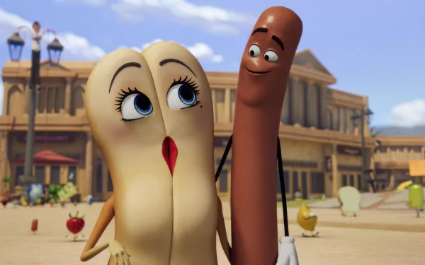 HD desktop wallpaper featuring characters from the TV show Sausage Party: Foodtopia in a lively town setting, with a smiling sausage and a surprised bun in the foreground.
