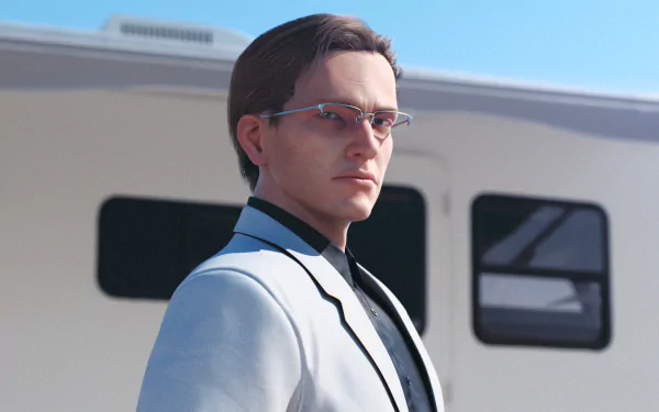 HD wallpaper featuring a character from Ace Combat 7: Skies Unknown, clad in a white suit and glasses, set against a backdrop with windows.