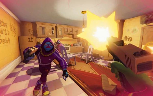 HD desktop wallpaper featuring action from the video game Anger Foot, showing a chaotic kitchen scene with characters in purple attacking as a gun is fired.