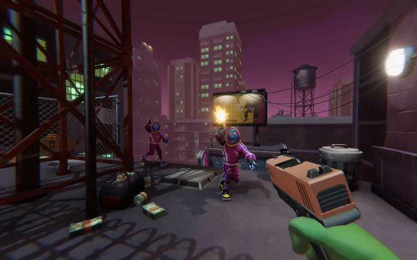 HD desktop wallpaper featuring a scene from the video game Anger Foot, depicting a character with a green sleeve pointing a pistol at two enemies on a rooftop in a vibrant cityscape.